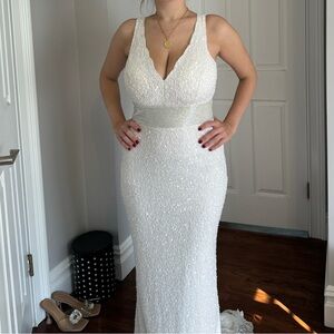 Mac Duggal Sequined Sleeveless V Neck Column Gown